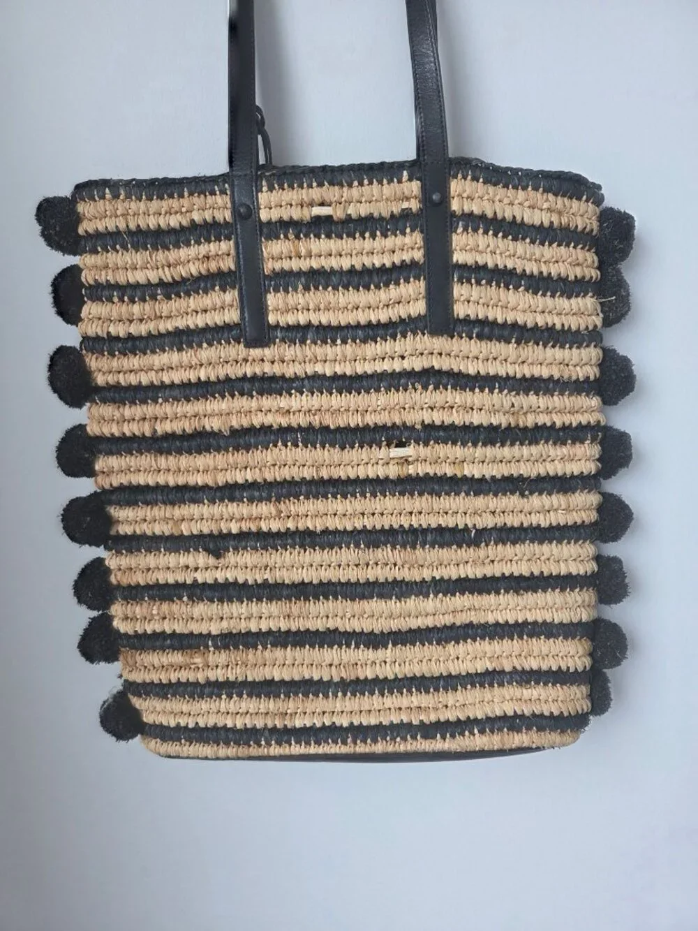 Loeffler Randall Striped Straw Tote Black Leather Straps & Tassel Pom-Pom Edges